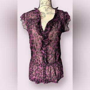 INC, Sheer Leopard Print Ruffle Blouse, Size S
